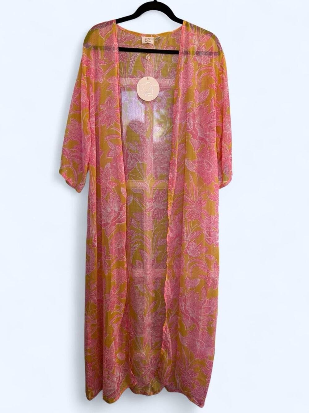 NWT Power 2 The Flower Sheer Floral Duster Kimono One Size Pink Orange Cover Up